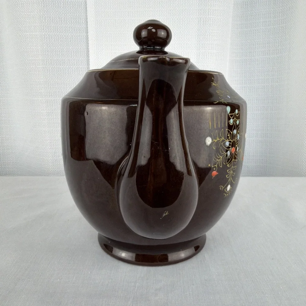 Vintage Brown Betty Redware Teapot Moriage Enamel Hand Painted Japan GUC MCM